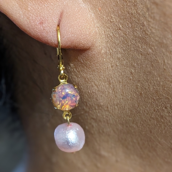 Pink Fire Opal & Freshwater Pink Baroque Pearls in 14K Gold Plated Drop Earrings - Picture 6 of 6